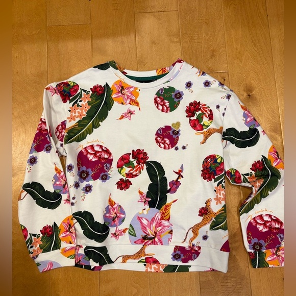 Emily Lovelock tropical flowers white  sweatshirt top sz S - Picture 1 of 5